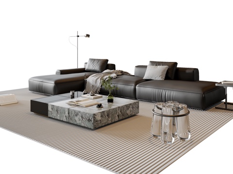 现代意式沙发茶几组合 转角沙发 皮质沙发 休闲椅 地毯su模型