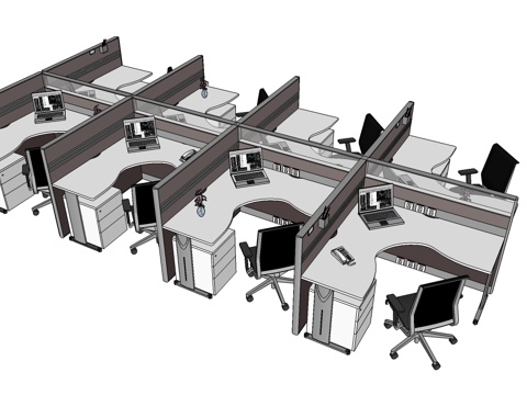 办公桌 工位 屛风卡位 办公椅su模型