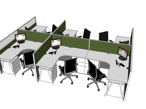 办公桌 工位 屛风卡位 办公椅su模型