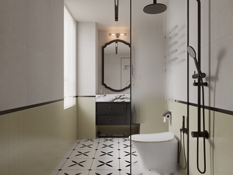 法式中古风卫生间 法式卫生间 浴室柜 化妆镜 马桶 淋浴花洒3d模型