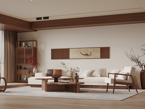 宋式美学客厅 沙发背景 装饰屏风 沙发茶几组合su模型