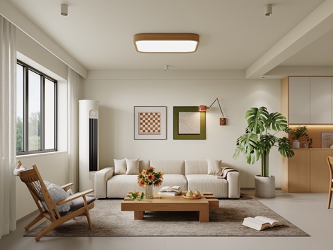 现代原木风客厅 沙发茶几组合 布艺多人沙发 原木茶几 休闲椅su模型