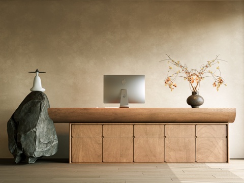 中古风前台 中古风 前台 接待 侘寂前台 收银台 花瓶花艺su模型