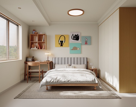 现代通用儿童房 布艺双人床 成品书桌椅 卡通装饰画 吸顶灯su模型