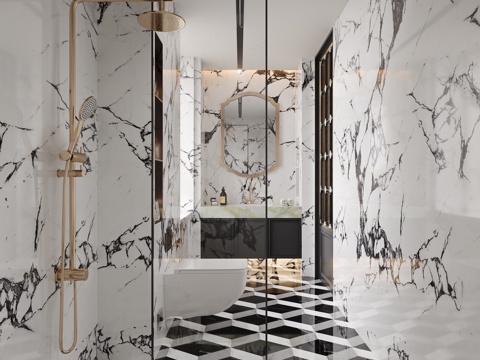 轻奢风卫生间 法式轻奢卫生间 浴室柜 化妆镜 壁挂马桶 花洒su模型