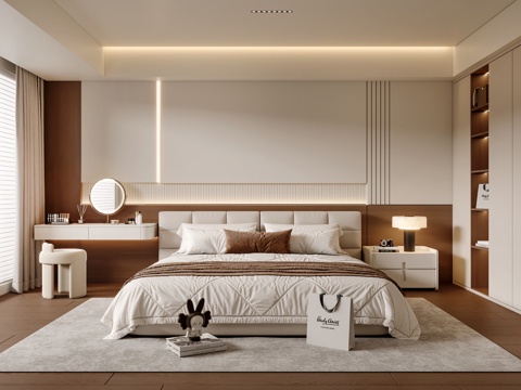  现代中古风卧室 双人床 床头柜 梳妆台 衣柜 地毯 窗帘3d模型 