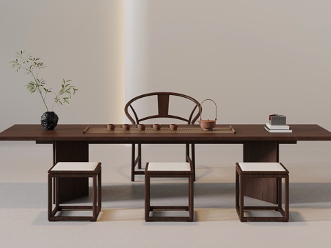 新中式茶桌椅su模型