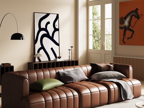 法式复古风多人沙发 直排沙发su模型