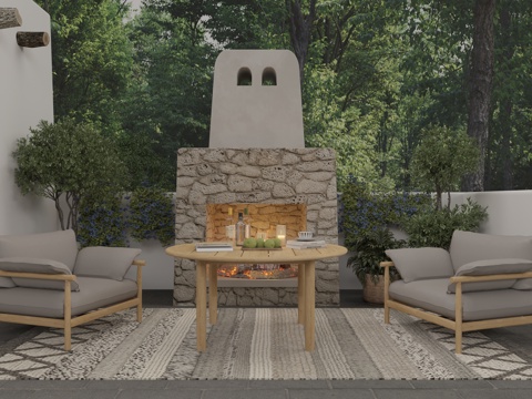  现代侘寂风 露台屋顶花园 休闲阳台 墙壁火炉 休闲柚木椅 圆3d模型 