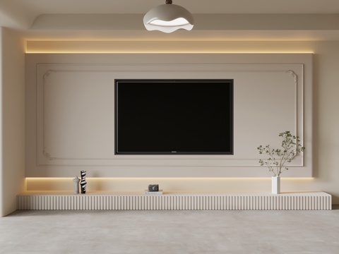 法式奶油风电视背景墙 电视柜su模型