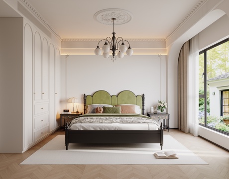 法式卧室 主灯卧室 长辈房 老人房 实木双人床 床头柜 吊灯su模型