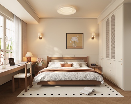 法式中古风卧室 木质双人床 床头柜 飘窗书桌 单椅 吸顶灯su模型