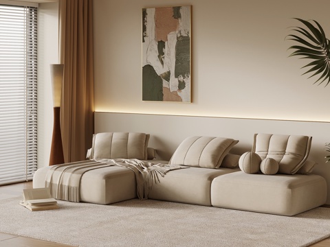  现代奶油风沙发 转角沙发su模型 