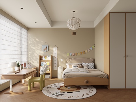 现代儿童房 通用儿童房 实木儿童床 成品书桌椅 升降书桌 书su模型