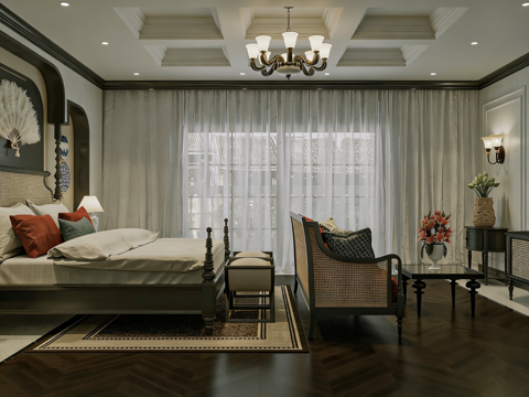  东方雅奢酒店客房 禅意新中式 卧室 四柱床3d模型 