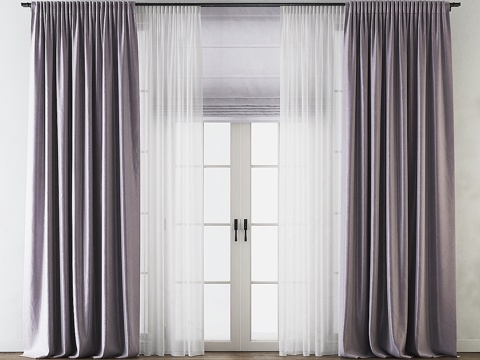  绢纱与罗马帘叠搭的垂褶背带丝绸窗帘3d模型 