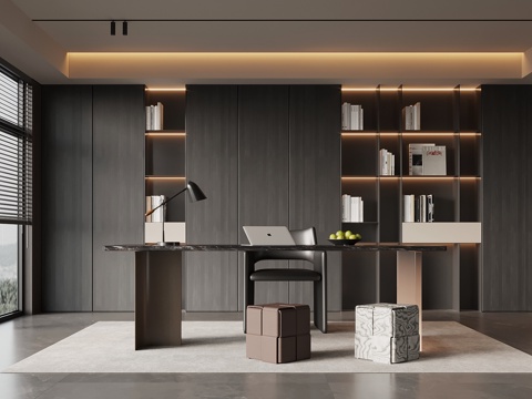 现代意式书房 书柜 书桌椅 办公桌椅su模型