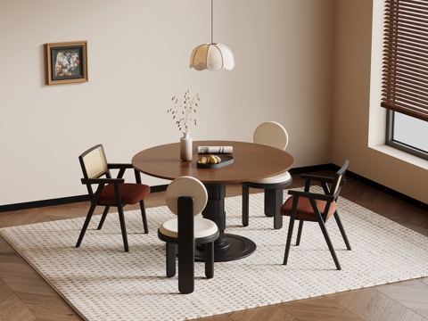 法式复古风餐桌椅  圆形餐桌椅su模型