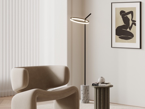 现代奶油风休闲椅 边几 落地灯su模型