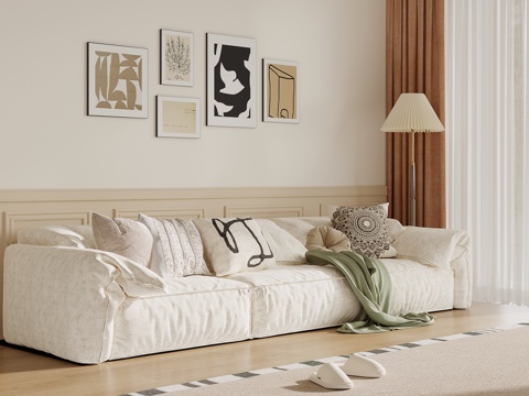 法式奶油风多人沙发 直排沙发su模型