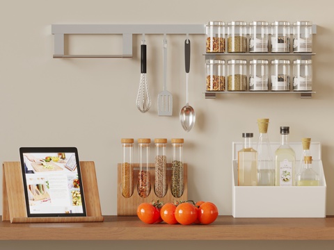  现代厨房摆件 厨具 调味料 置物架3d模型 