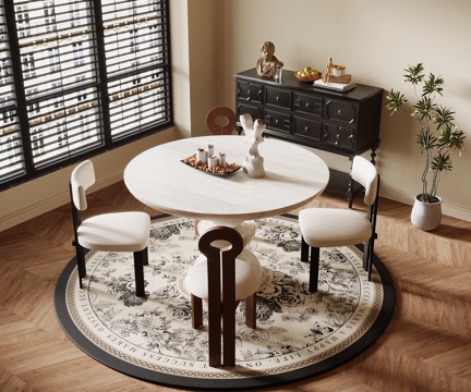 法式复古风餐桌椅 餐边柜 绿植盆栽su模型