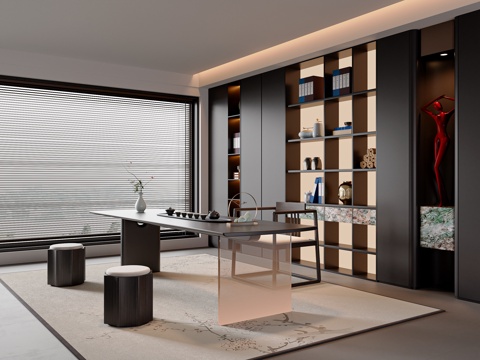  现代简约茶室 意式茶室 茶桌椅组合 意式茶室柜 茶室摆件3d模型 