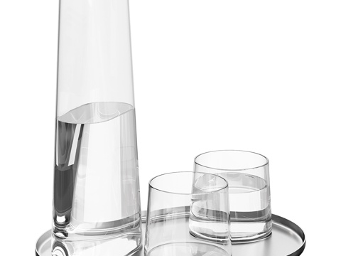  托盘上的玻璃杯与酒壶套装3d模型 