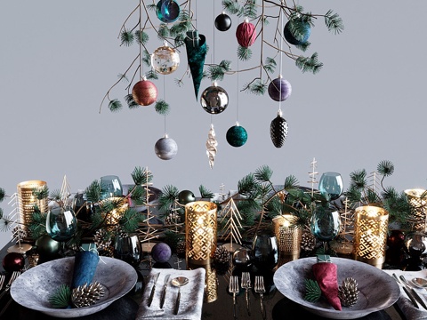  餐桌布置 暗色圣诞3d模型 