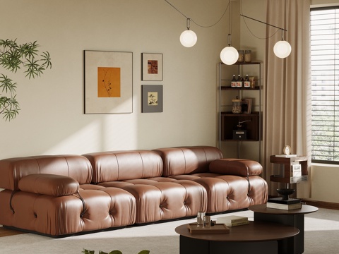 法式复古风多人沙发 直排沙发 皮质沙发su模型