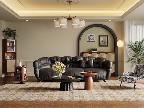 法式复古客厅沙发 法式中古茶几组合 法式吊灯沙发背景 法式复su模型