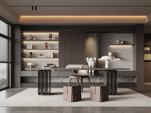 现代意式书房 书柜 书桌椅 办公桌椅su模型