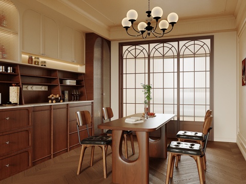 中古风餐厅 餐桌椅 酒柜su模型