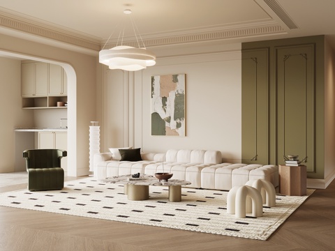  现代奶油风客厅 沙发背景墙 沙发茶几组合3d模型 