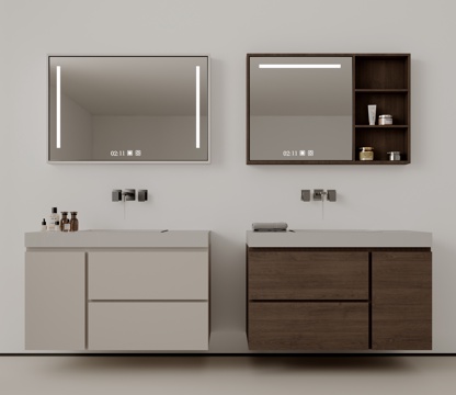 现代极简洗手台 中古浴室柜 台盆柜 装饰品摆件 镜子 水龙头su模型