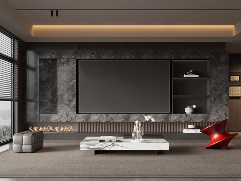 现代意式客厅 电视背景墙 沙发茶几组合su模型