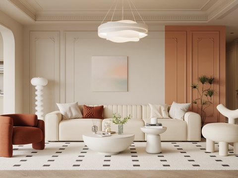  现代奶油风客厅 沙发背景墙 沙发茶几组合3d模型 