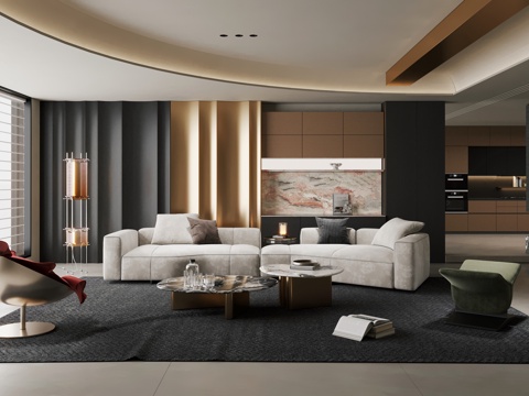  现代轻奢客厅 意式轻奢客厅 横厅 大平层3d模型 