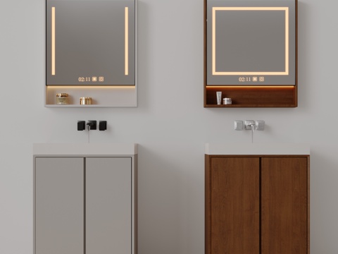 现代极简洗手台 中古浴室柜 台盆柜 装饰品摆件 镜子 水龙头su模型