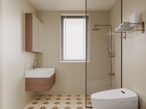 中古风卫生间  浴室柜 花洒 洗手盆 智能马桶 卫生间用品su模型