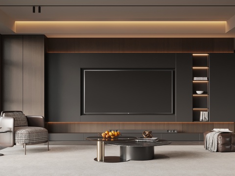  现代意式客厅 电视背景墙 电视柜 沙发茶几组合su模型 