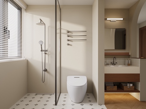 中古风卫生间  浴室柜 花洒 洗手盆 马桶 洗护用品 毛巾架su模型