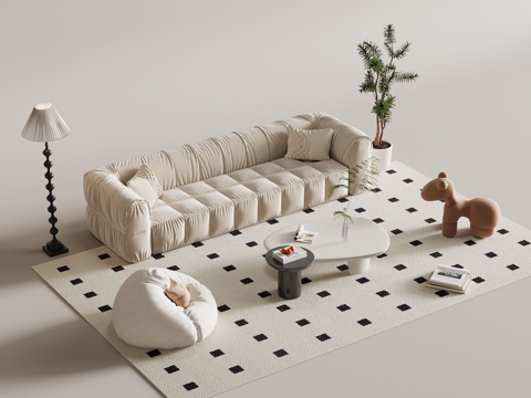  法式奶油风沙发茶几组合3d模型 