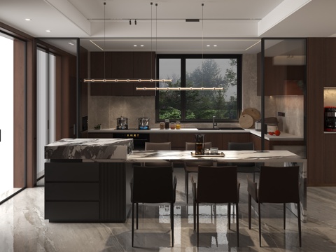 现代意式西厨厨房 意式餐吧台椅吊灯 现代岛台吊灯 意式皮革单su模型