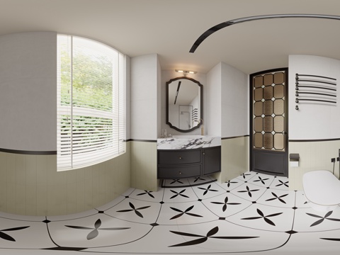  法式中古风卫生间 法式卫生间 浴室柜 化妆镜 马桶 淋浴花洒 