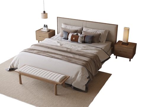 新中式双人床 床尾凳 床头柜su模型