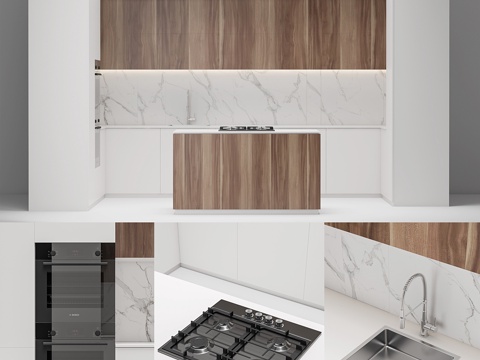  现代白色木质厨房3d模型 