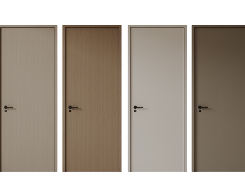  现代极简单开门 中古房间门 卧室门 平板门 实木门 平开门su模型 