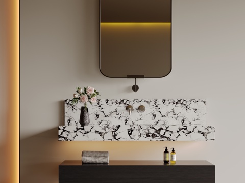 现代极简洗手台 中古浴室柜 台盆柜 装饰品摆件 镜子 卫生间su模型