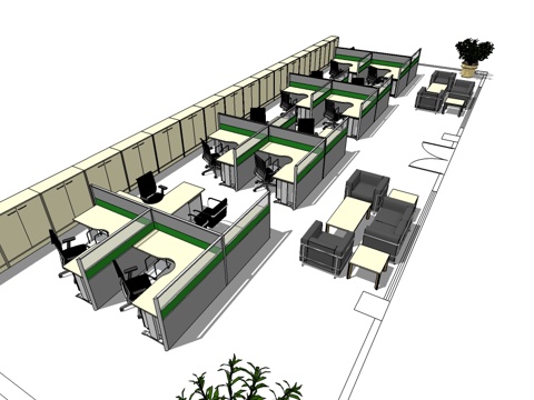 办公桌 工位 屏风卡位 办公椅 文件柜 沙发 茶几su模型